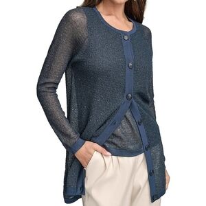 Donna Karan New York Sequined Button Front Long Sleeve Cardigan – Navy – XS #159